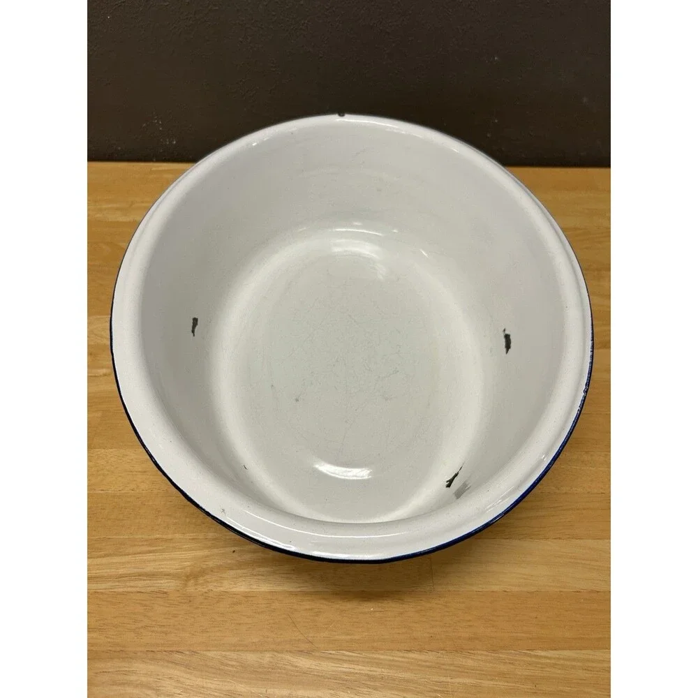 Vintage Enamelware Wash Basin White Black Trim 20x16 Farmhouse Rustic Primitive